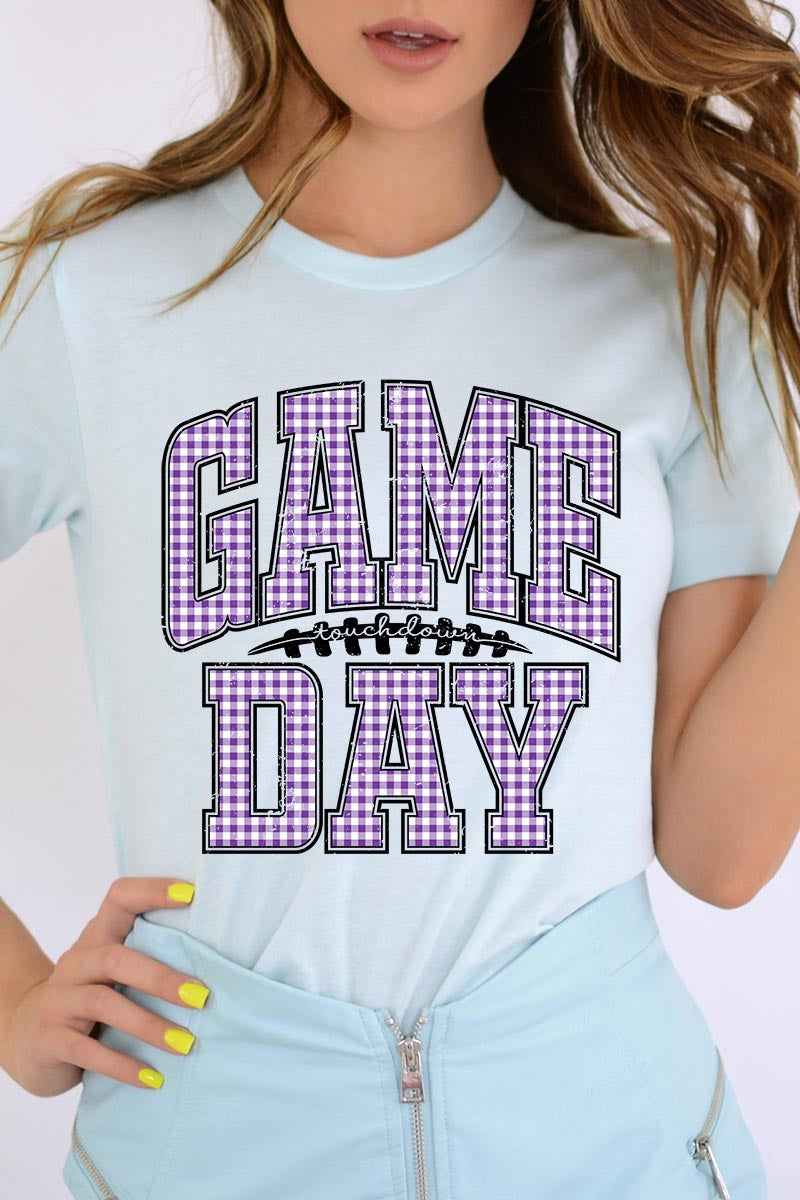 US3001P-E3127 Purple Gingham Game Day Graphic Plus Tee $16