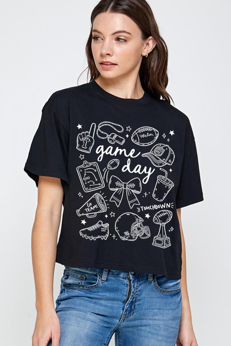 CTS-E3081 Football Doodles Graphic Relaxed Crop Top $11