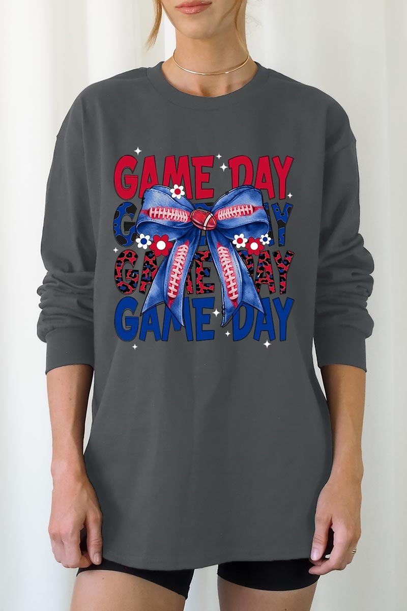 UL240P-E3087 Red Blue Football GameDay Bow Plus Long Sleeve Tee $17