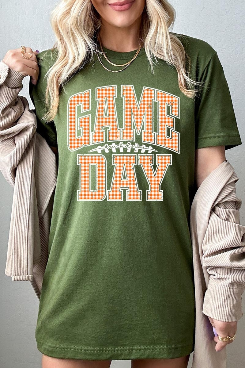 US3001-E3129 Orange Gingham Game Day Graphic Tee $12.5