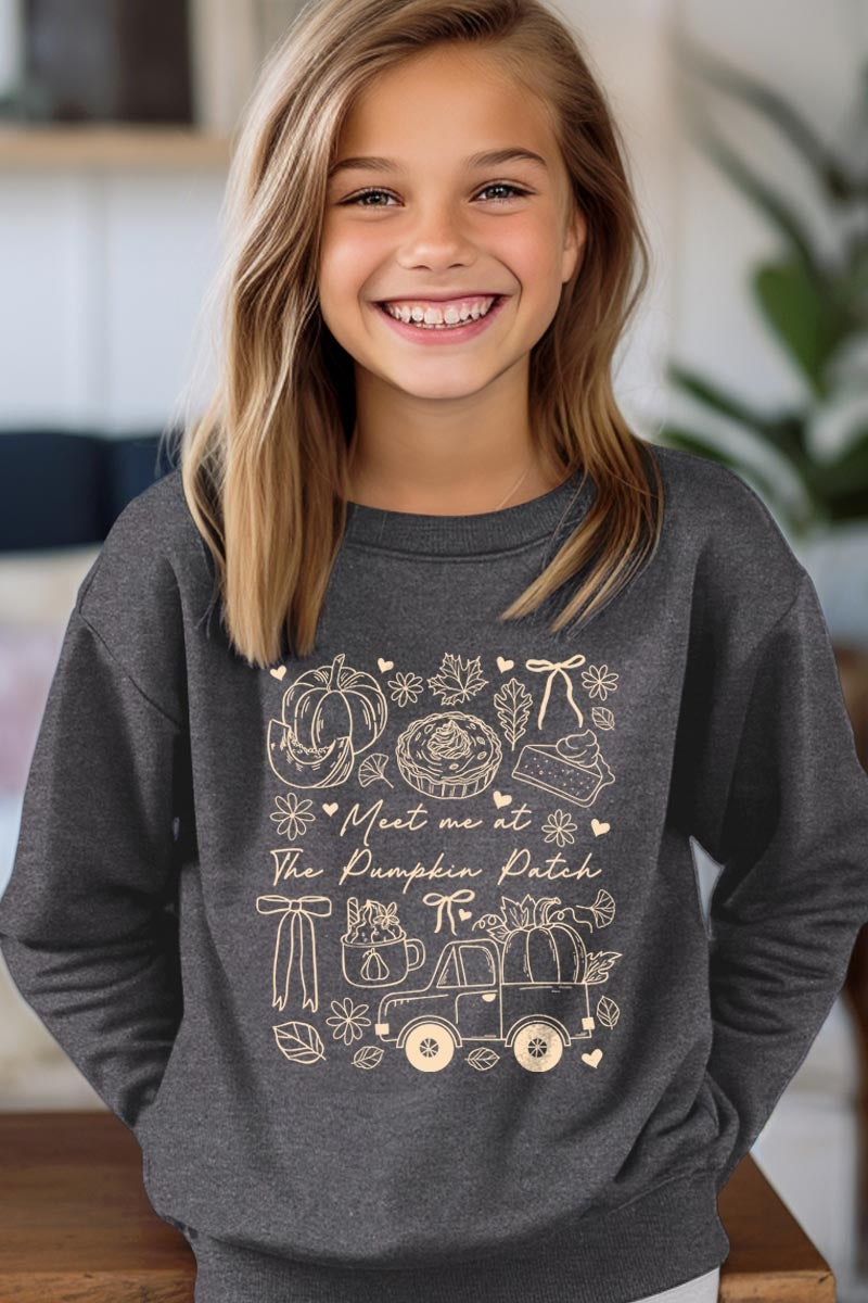 UL180B-E3163Z Pumpkin Patch Doodle Kids Graphic Sweatshirt $20
