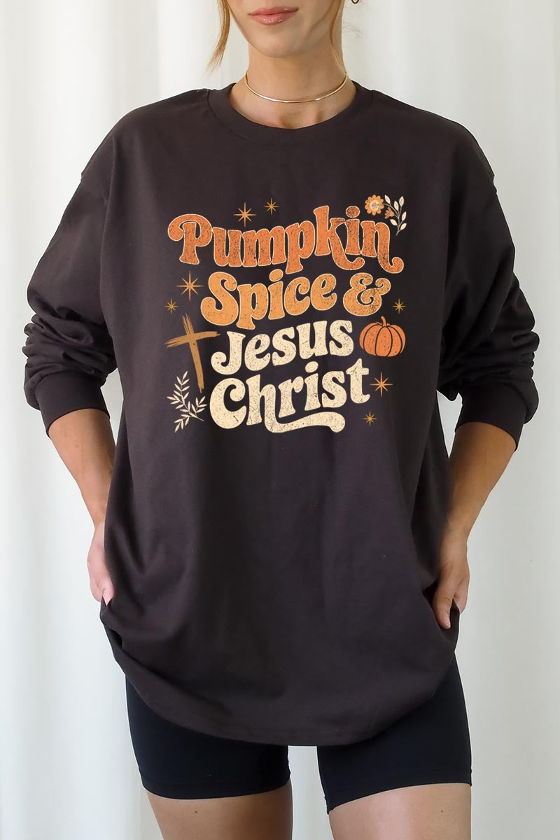 UL240P-E3164 Pumpkin Spice & Jesus Graphic Plus Long Sleeve Tee $17