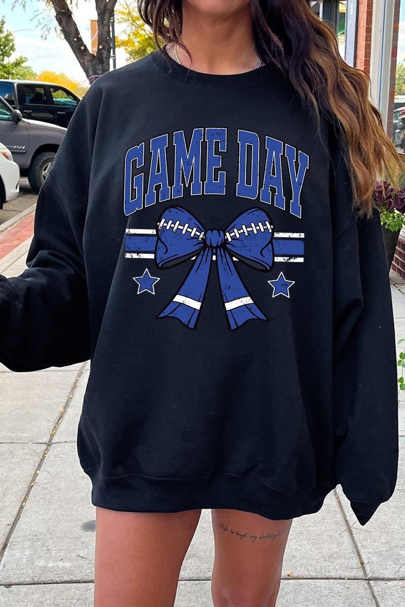 UL180-E3065 Blue Game Day Football Bow Graphic Sweatshirt $20