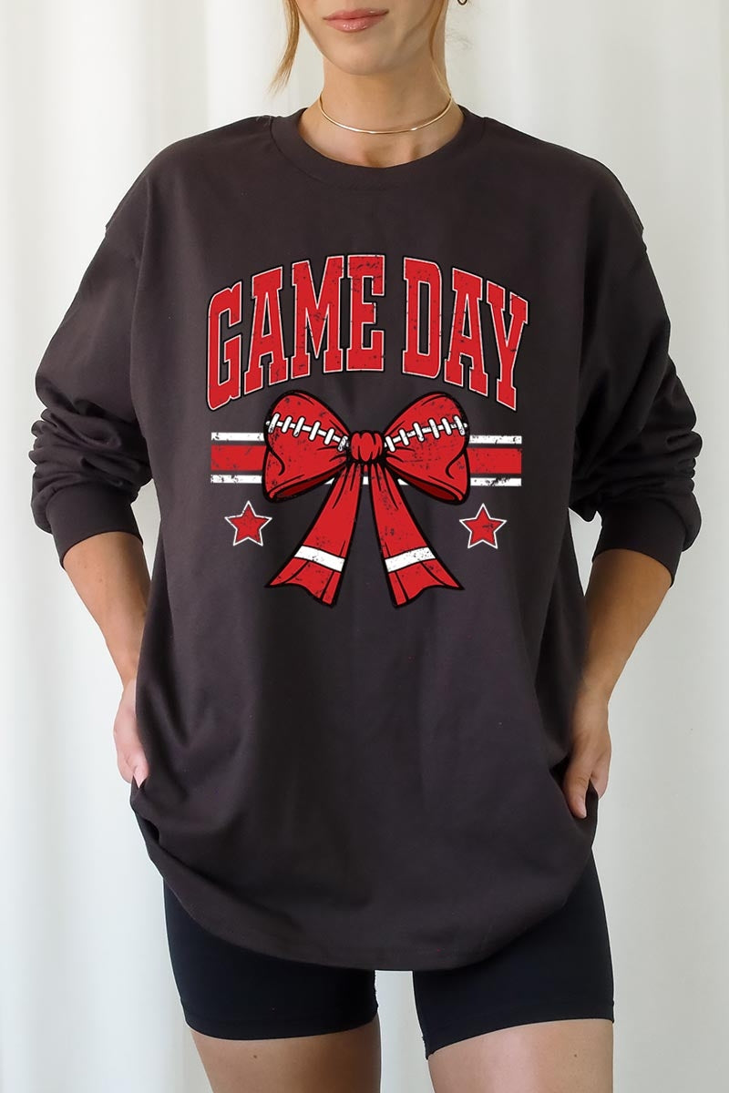 UL240-E3062 Red Game Day Football Bow Graphic Long Sleeve Tee $13.75