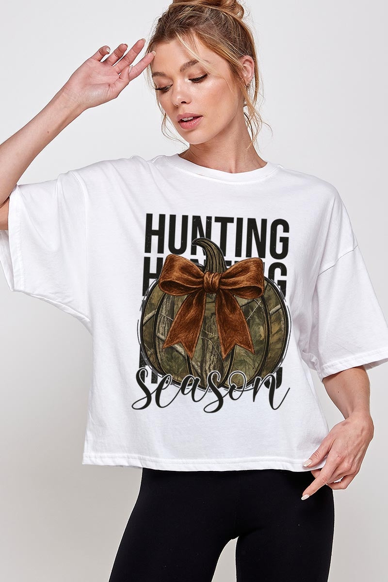 CTS-E3190 Hunting Pumpkin Bow Graphic Relaxed Crop Top $11