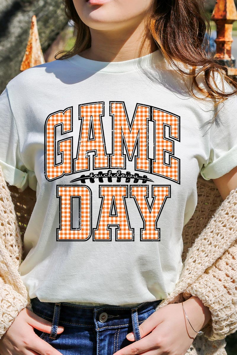 US3001P-E3129 Orange Gingham Game Day Graphic Plus Tee $16