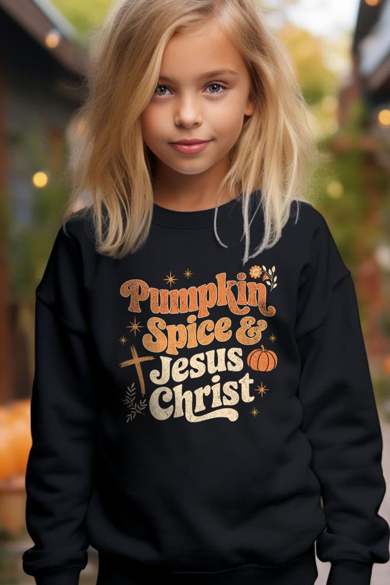 UL180B-E3164Z Pumpkin Spice & Jesus Kids Graphic Sweatshirt $20