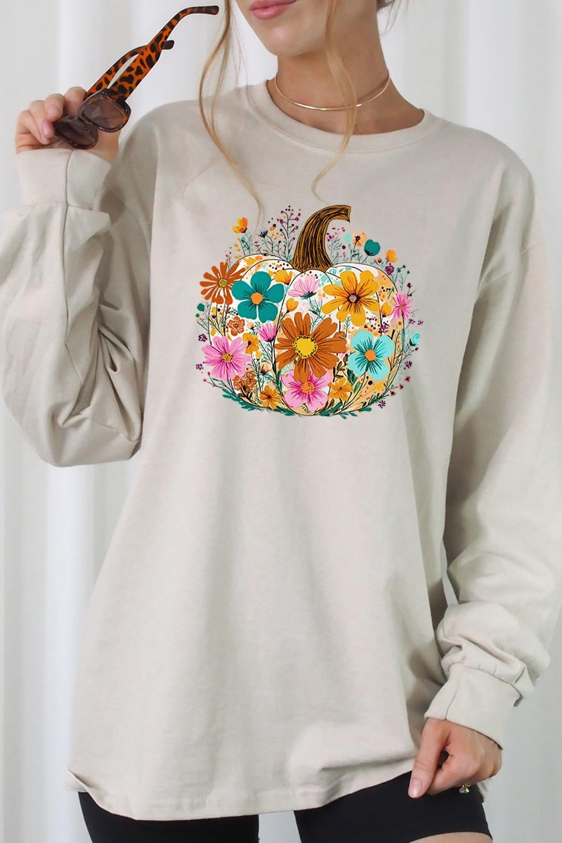UL240-E3118 Floral Pumpkin Graphic Long Sleeve Tee $13.75