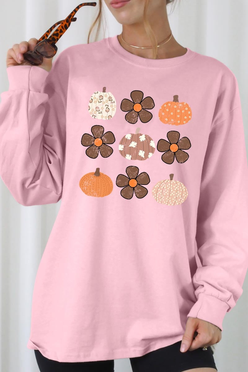 UL240-E3117 Pumpkins & Flowers Fall Graphic Long Sleeve Tee $13.75
