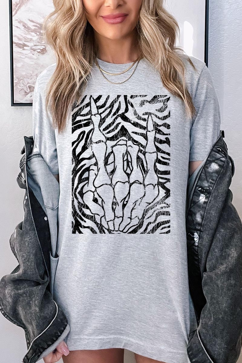 US3001P-E3177 Skeleton Hands Zebra Graphic Plus Tee $16