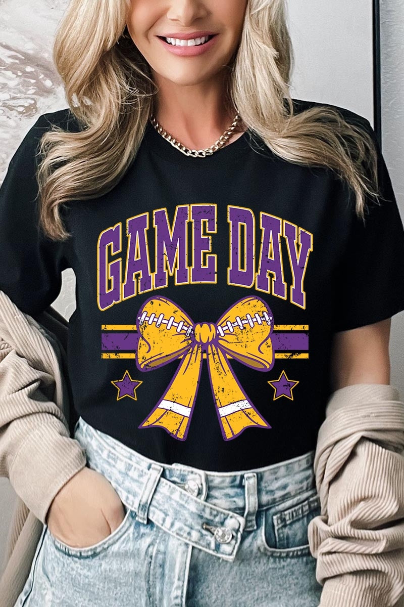 US3001-E3063 Purple Game Day Football Bow Graphic Tee $12.5