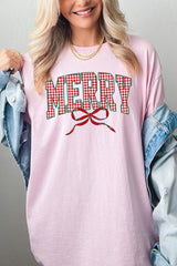 5000P-E3206 Plaid Merry Christmas Bow Graphic Plus Heavy Cotton Tee $12.75