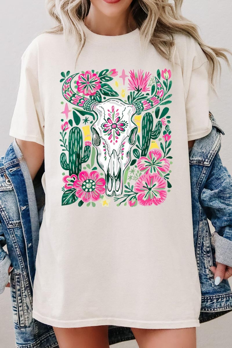 5000P-E3086 Western Floral Cow Skull Plus Heavy Cotton Tee $12.75