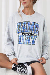 UL240-E3130 Blue Gingham Game Day Graphic Long Sleeve Tee $13.75