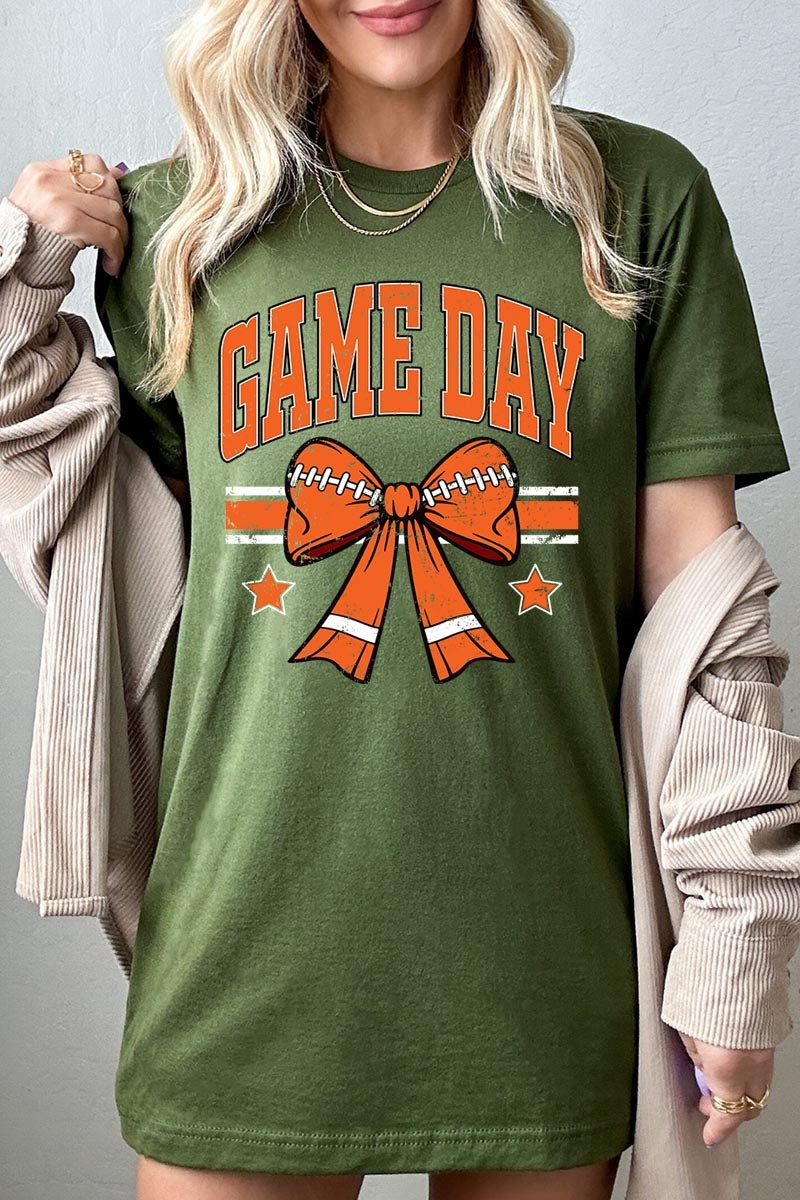 US3001-E3064 Orange Game Day Football Bow Graphic Tee $12.5