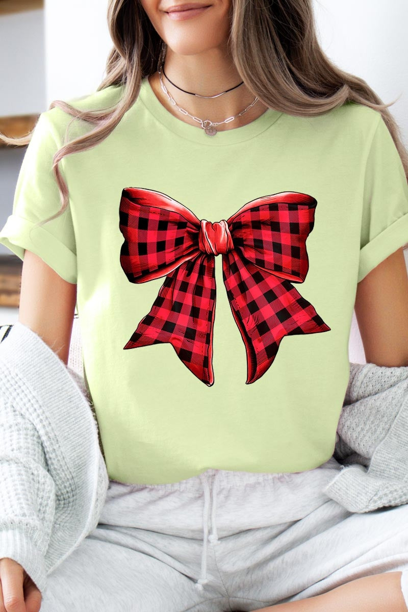 US3001-E3198 Red Buffalo Plaid Bow Graphic Tee $12.5