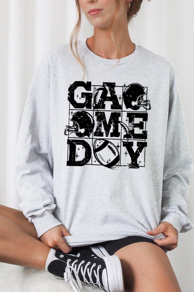 UL240P-E3073 Distressed Game Day Graphic Plus Long Sleeve Tee $17