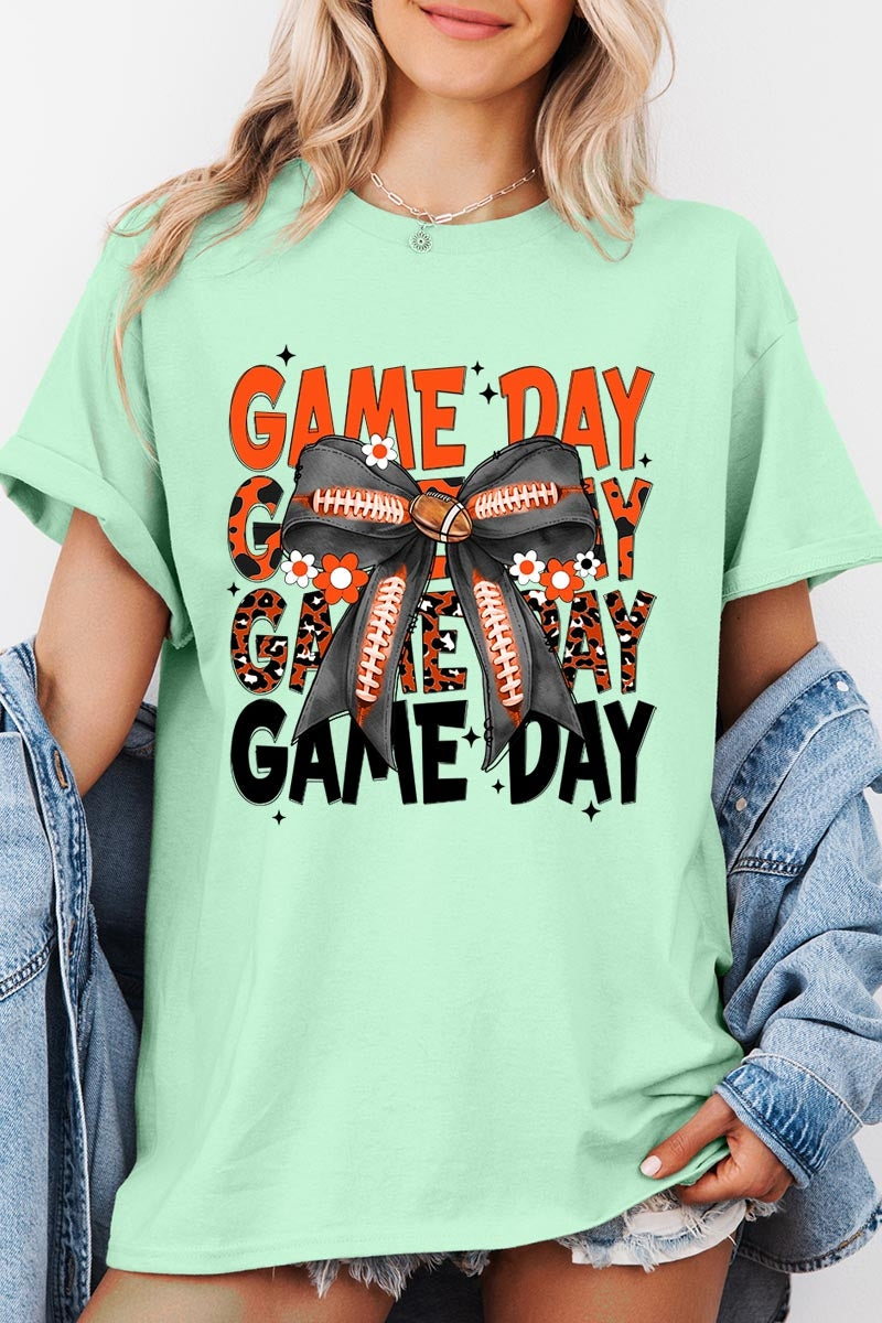5000P-E3088 Orange Black Football Bow Plus Heavy Cotton Tee $12.75