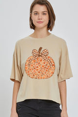 CTS-E3135 Floral Fall Pumpkin Graphic Relaxed Crop Top $11