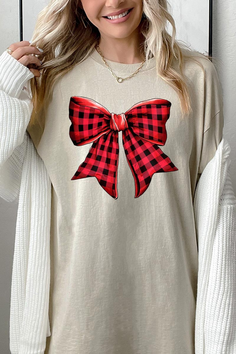 5000-E3198 Red Buffalo Plaid Bow Graphic Heavy Cotton Tee $9