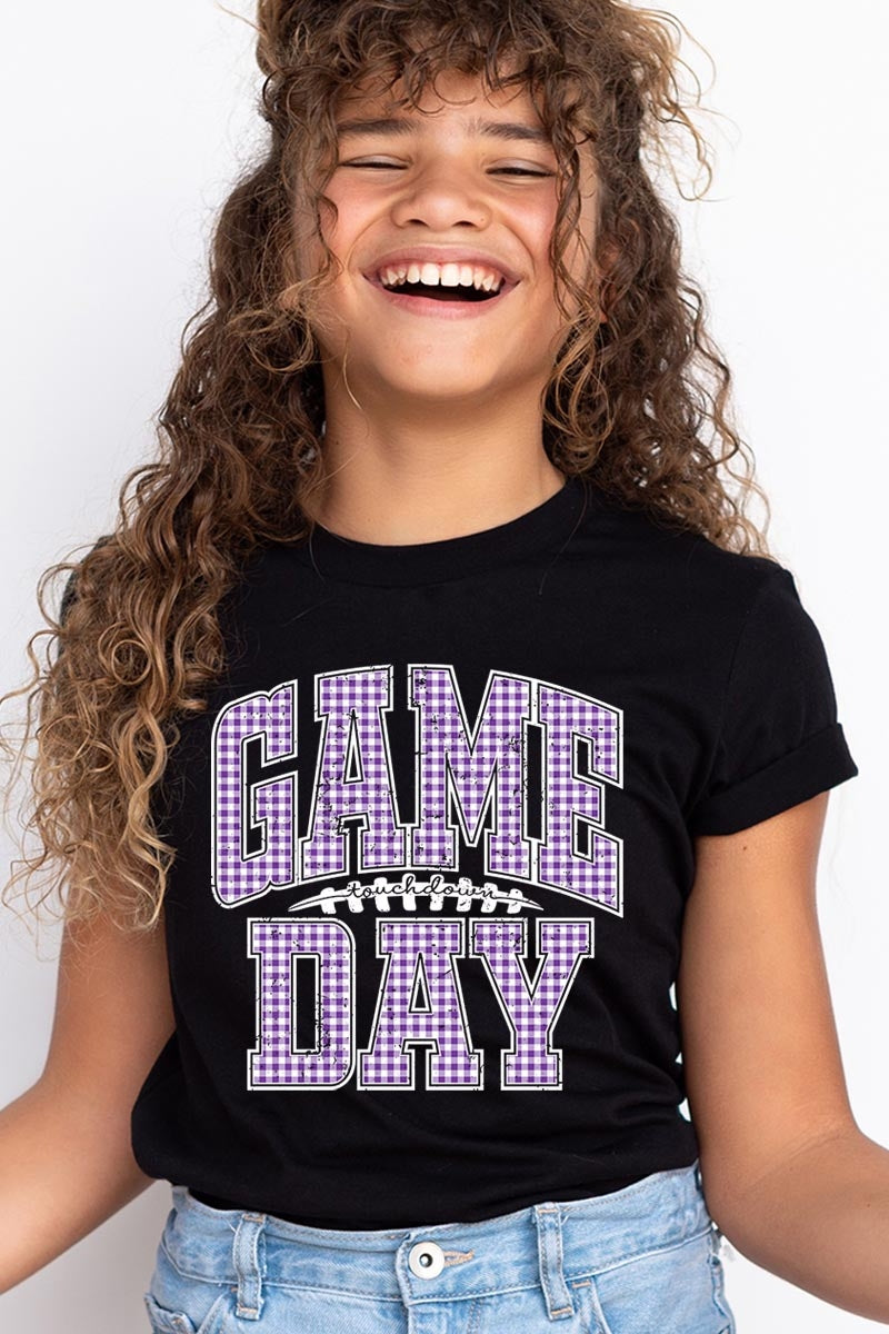 US3001Y-E3127Z Purple Gingham Game Day Kids Graphic Tee $11
