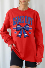 UL240-E3065 Blue Game Day Football Bow Graphic Long Sleeve Tee $13.75