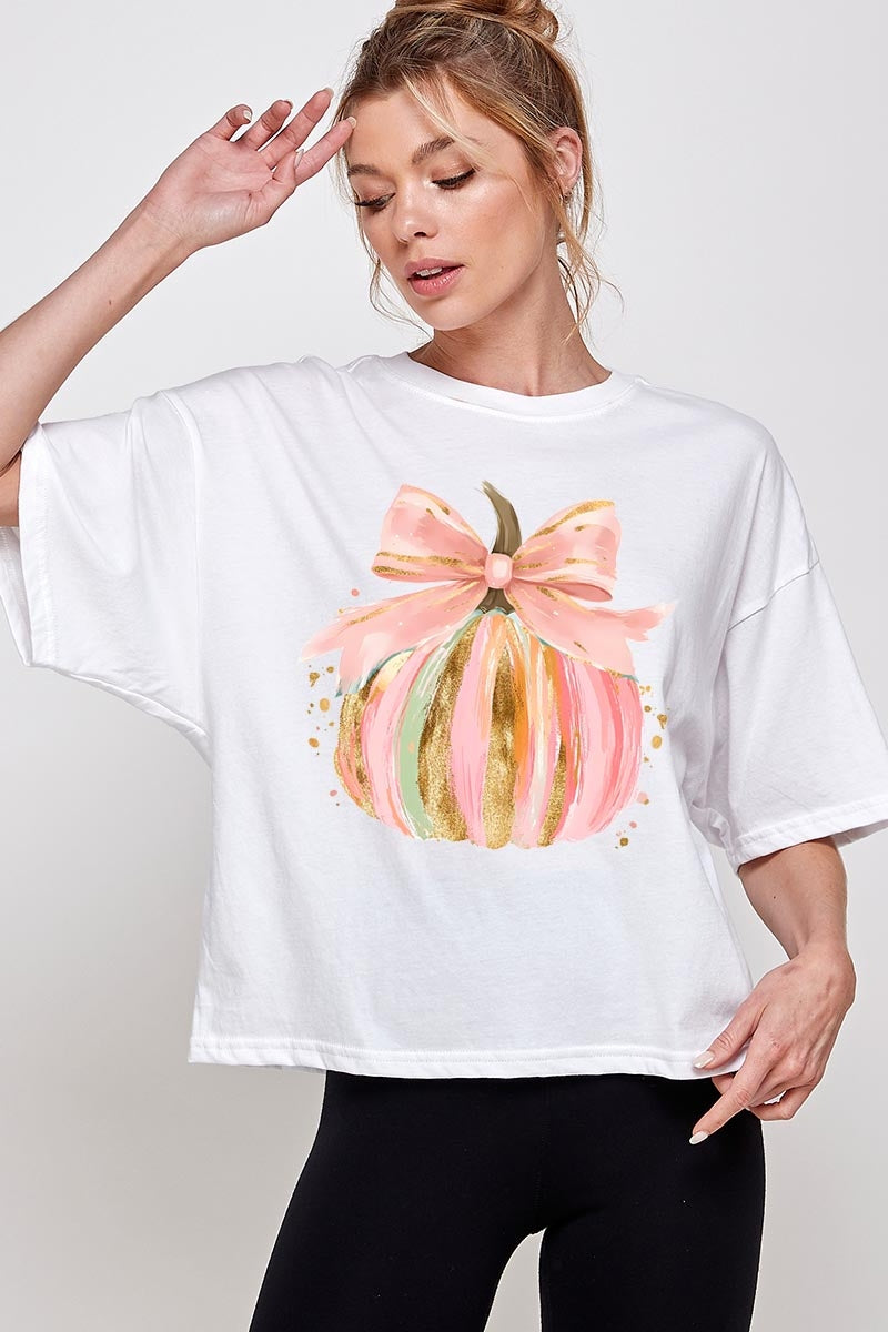CTS-E3083 Brushstroke Pumpkin Graphic Relaxed Crop Top $11