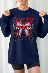 UL240-E3093 Red Silver Football Game Day Bow Long Sleeve Tee $13.75