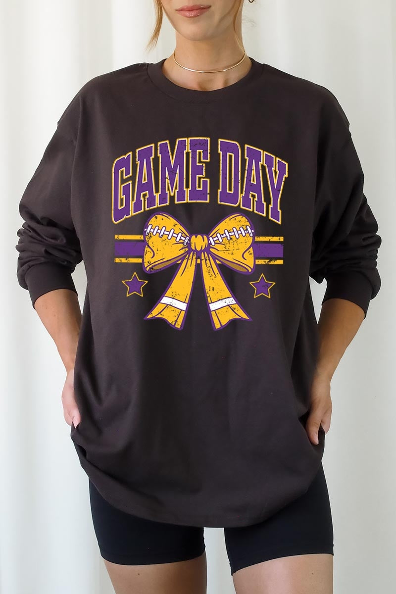 UL240P-E3063 Purple Game Day Football Bow Plus Long Sleeve Tee $17