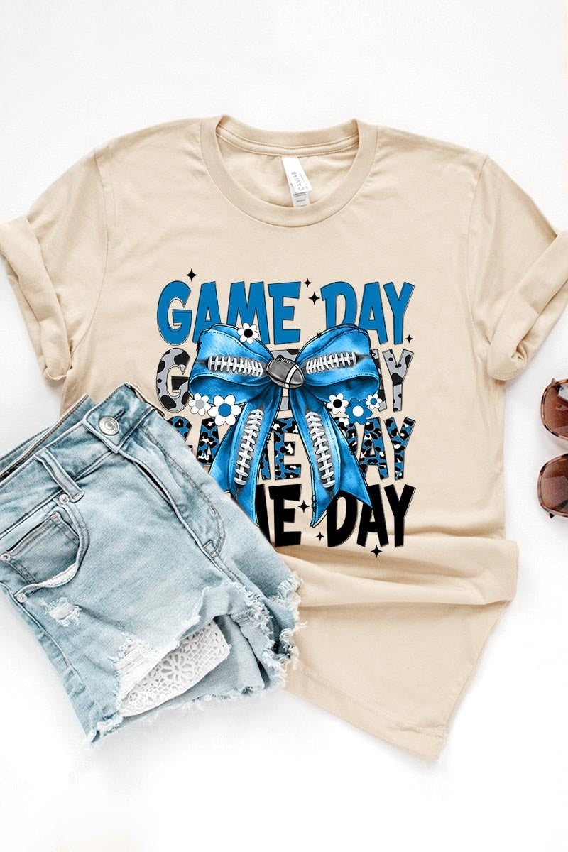 US3001-E3089 Blue Silver Football Game Day Bow Graphic Tee $12.5