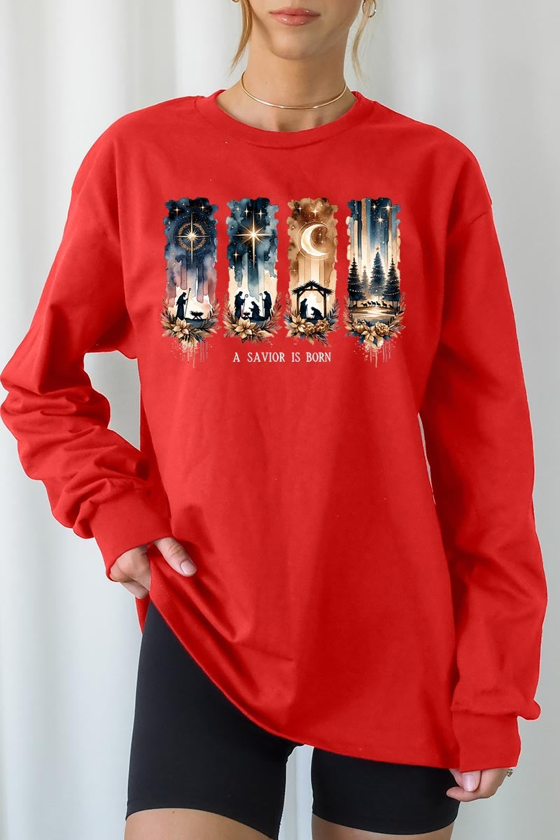 UL240-E3204 Savior Is Born Nativity Graphic Long Sleeve Tee $13.75