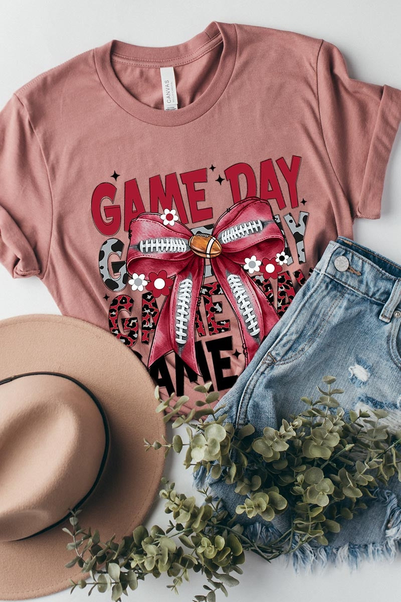 US3001-E3093 Red Silver Football Game Day Bow Graphic Tee $12.5