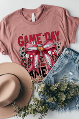 US3001-E3093 Red Silver Football Game Day Bow Graphic Tee $12.5