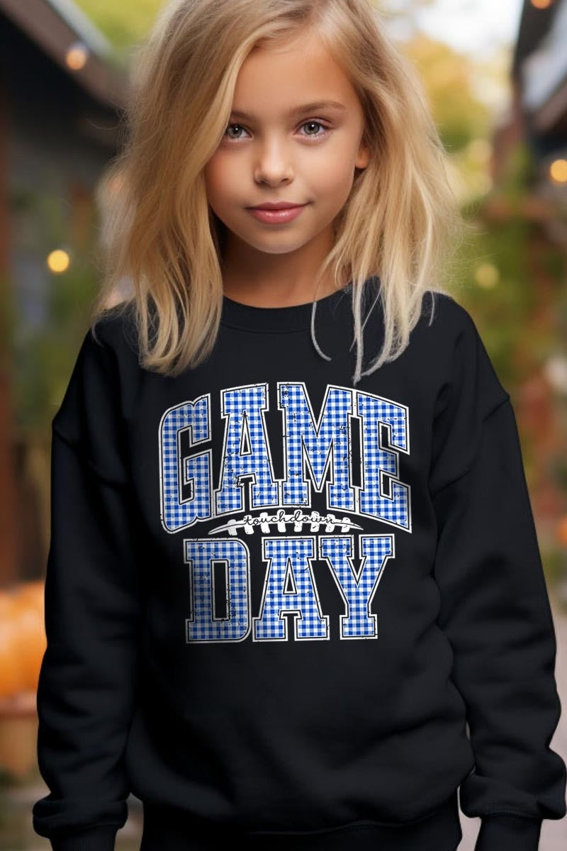 UL180B-E3130Z Blue Gingham Game Day Kids Graphic Sweatshirt $20