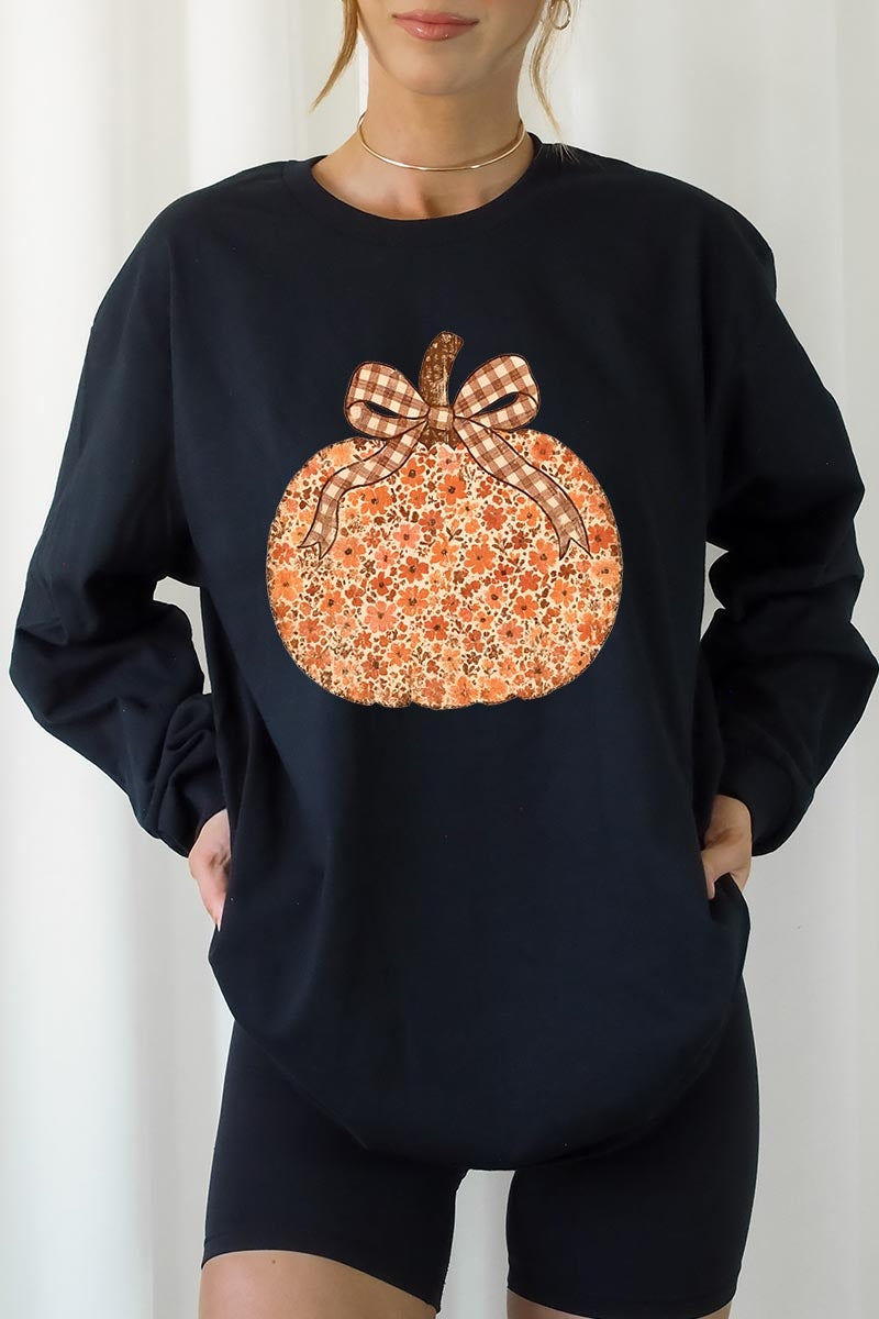 UL240-E3135 Floral Fall Pumpkin Graphic Long Sleeve Tee $13.75