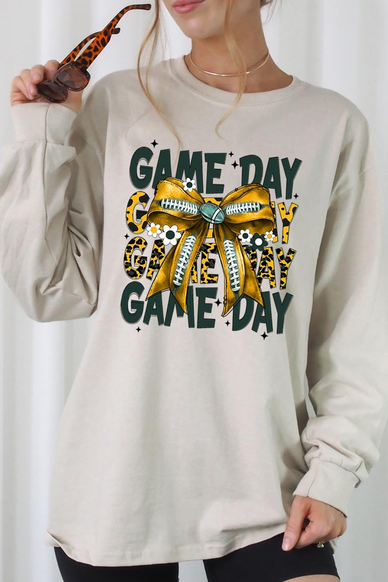 UL240P-E3090 Yellow Football Game Day Bow Plus Long Sleeve Tee $17