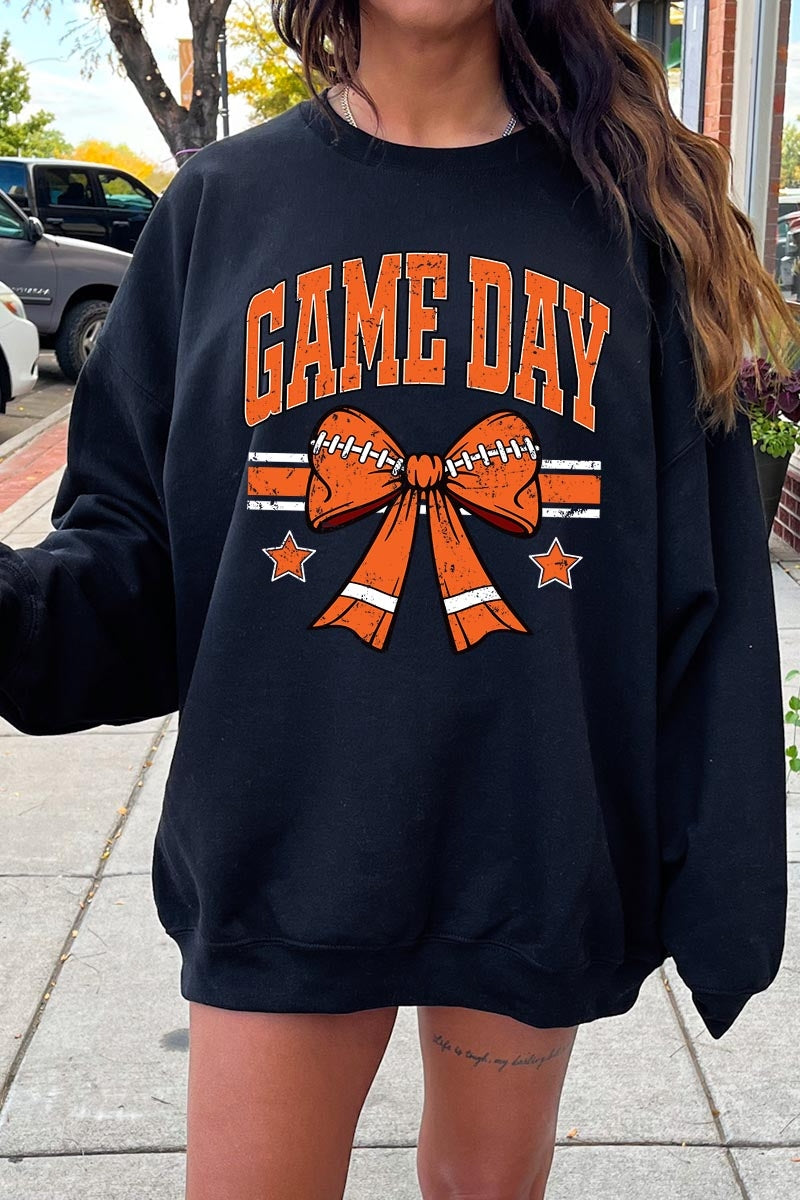 UL180P-E3064 Orange Game Day Football Bow Plus Sweatshirt $25