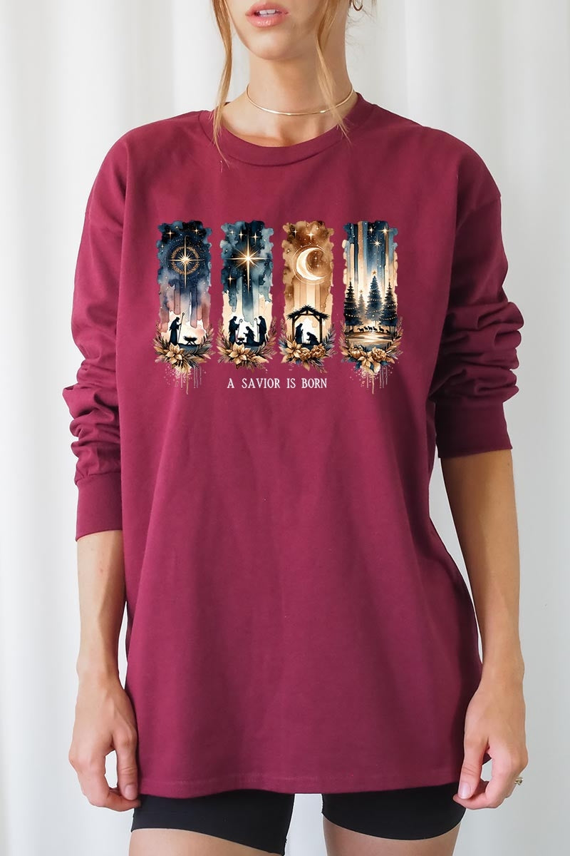 UL240P-E3204 Savior Is Born Nativity Graphic Plus Long Sleeve Tee $17