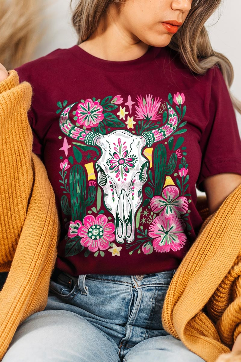 US3001P-E3086 Western Floral Cow Skull Graphic Plus Tee $16
