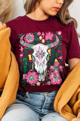 US3001P-E3086 Western Floral Cow Skull Graphic Plus Tee $16