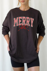 UL240P-E3206 Plaid Merry Christmas Bow Graphic Plus Long Sleeve Tee $17