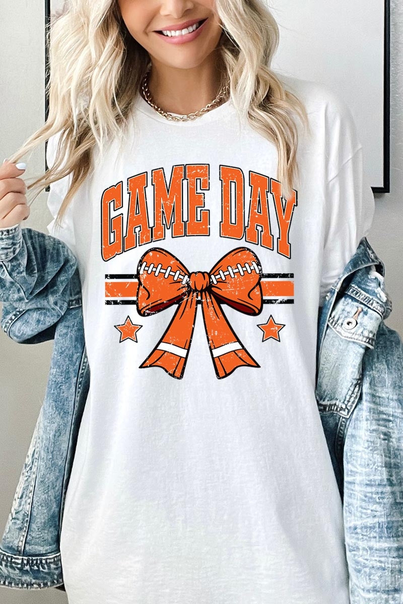 5000-E3064 Orange Football Bow Graphic Heavy Cotton Tee $9