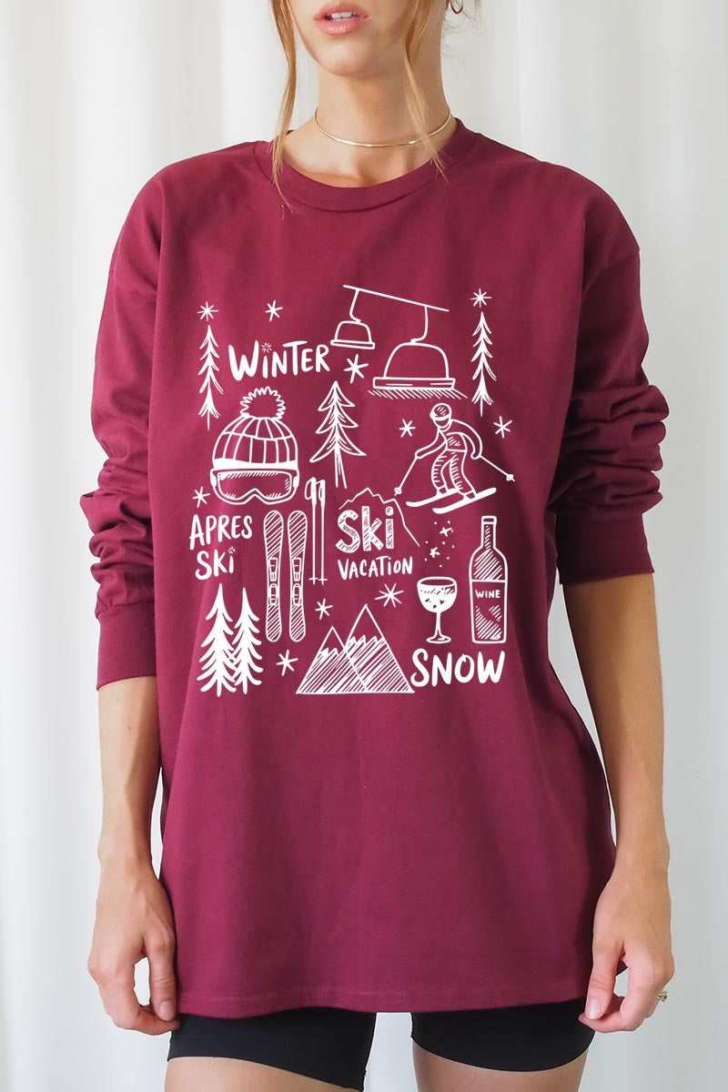 UL240-E3188 Ski Doodle Graphic Long Sleeve Tee $13.75