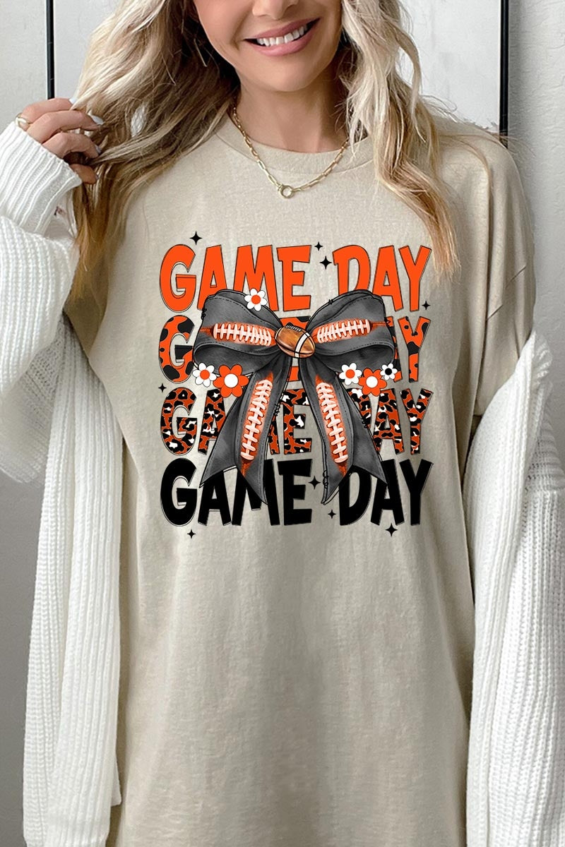 5000P-E3088 Orange Black Football Bow Plus Heavy Cotton Tee $12.75