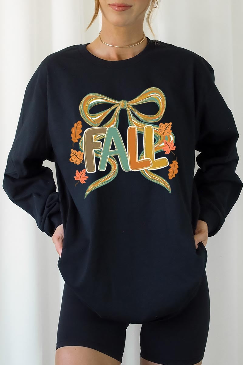 UL240-E3121 Fall Brushstroke Bow Graphic Long Sleeve Tee $13.75