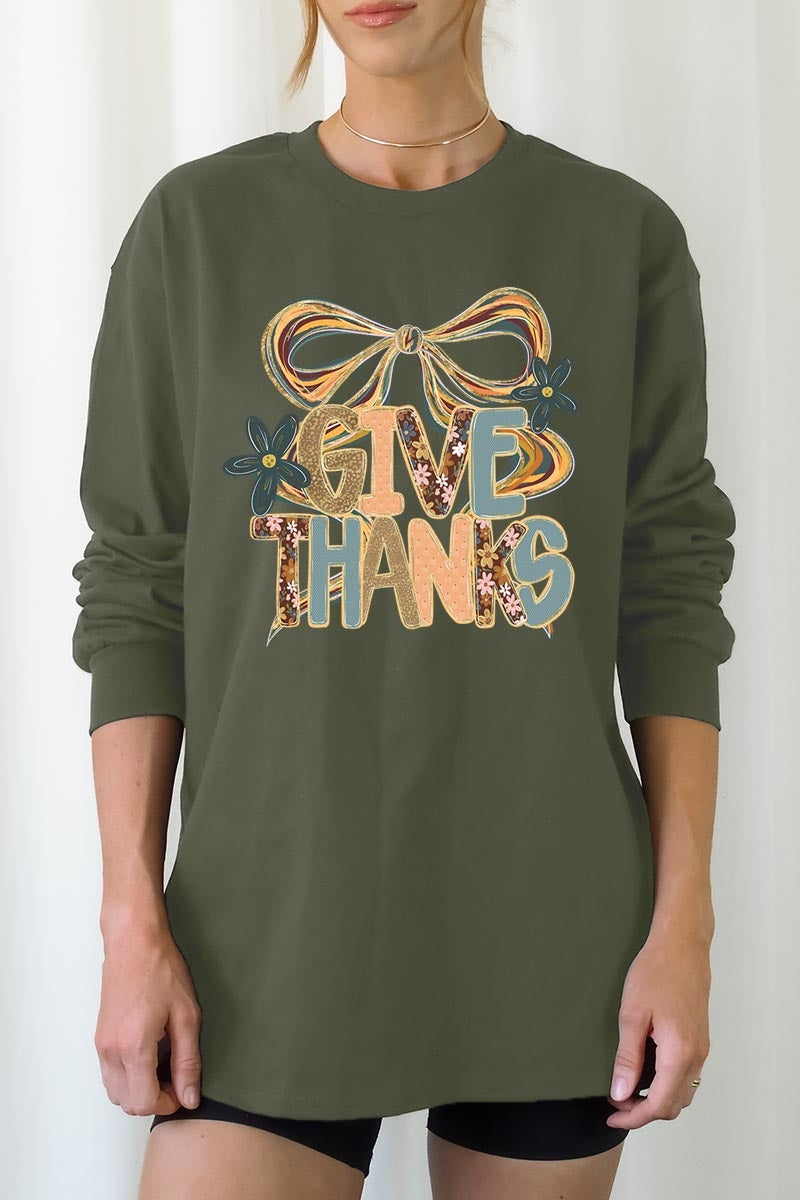 UL240P-E3154 Give Thanks Bow Graphic Plus Long Sleeve Tee $17