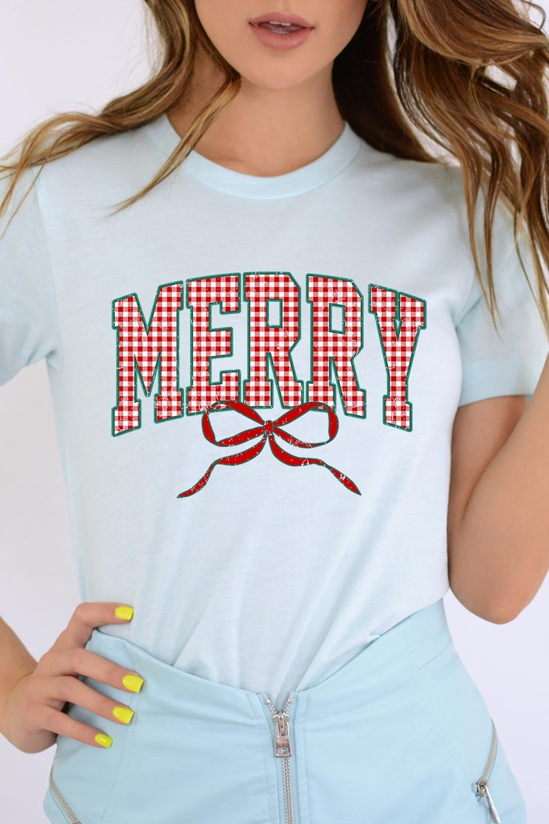 US3001P-E3206 Plaid Merry Christmas Bow Graphic Plus Tee $16