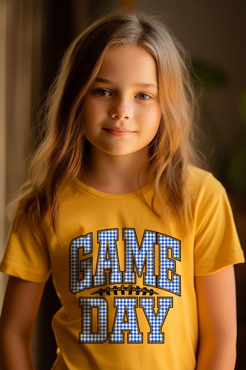 US3001Y-E3130Z Blue Gingham Game Day Kids Graphic Tee $11