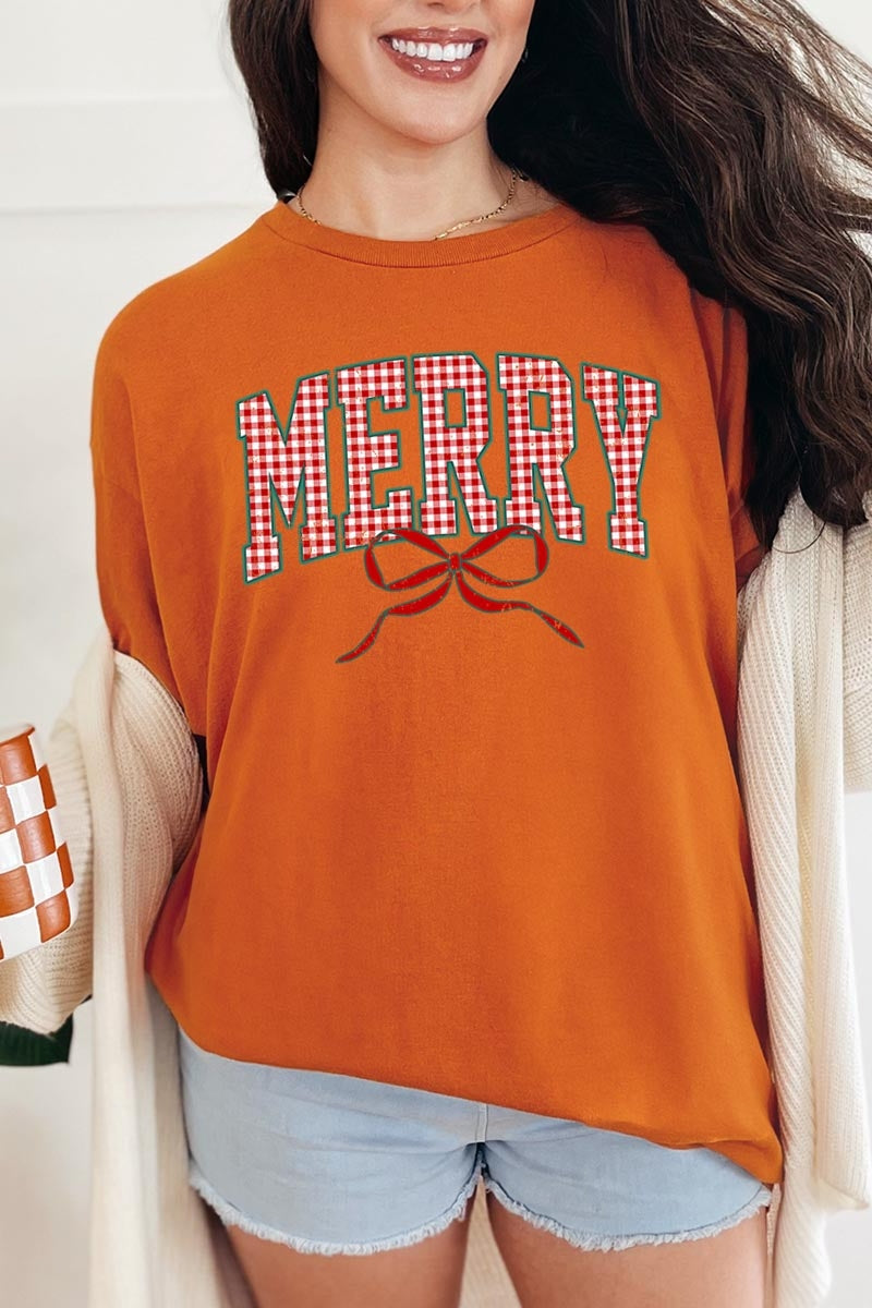 5000-E3206 Plaid Merry Christmas Bow Graphic Heavy Cotton Tee $9