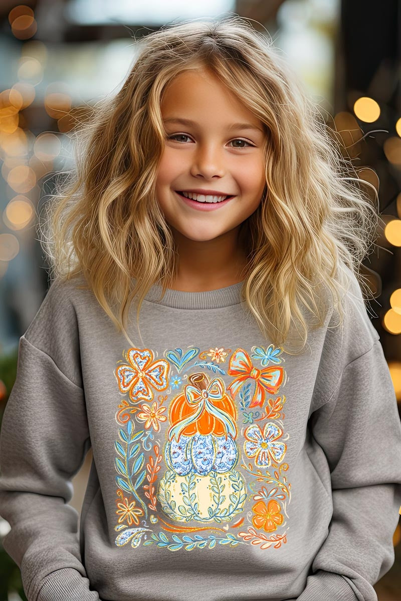 UL180B-E3153Z Floral Pumpkin Stack Kids Graphic Sweatshirt $20